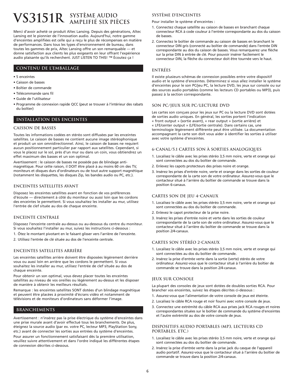 Vs3151r, Système audio amplifié six pièces | Altec Lansing VS3151R User Manual | Page 8 / 44