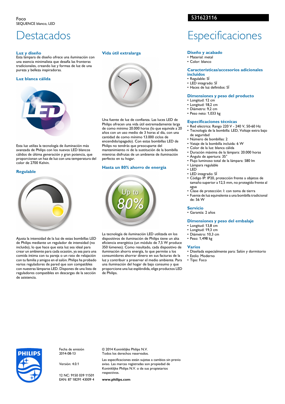 Destacados, Especificaciones | Philips Ledino Foco User Manual | Page 2 / 2