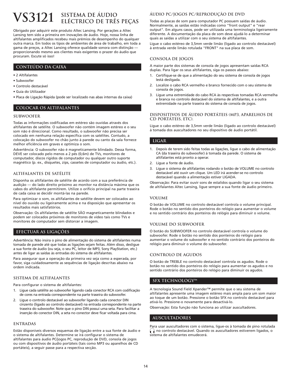 Vs3121, Sistema de áudio eléctrico de três peças | Altec Lansing VS3121 User Manual | Page 16 / 44