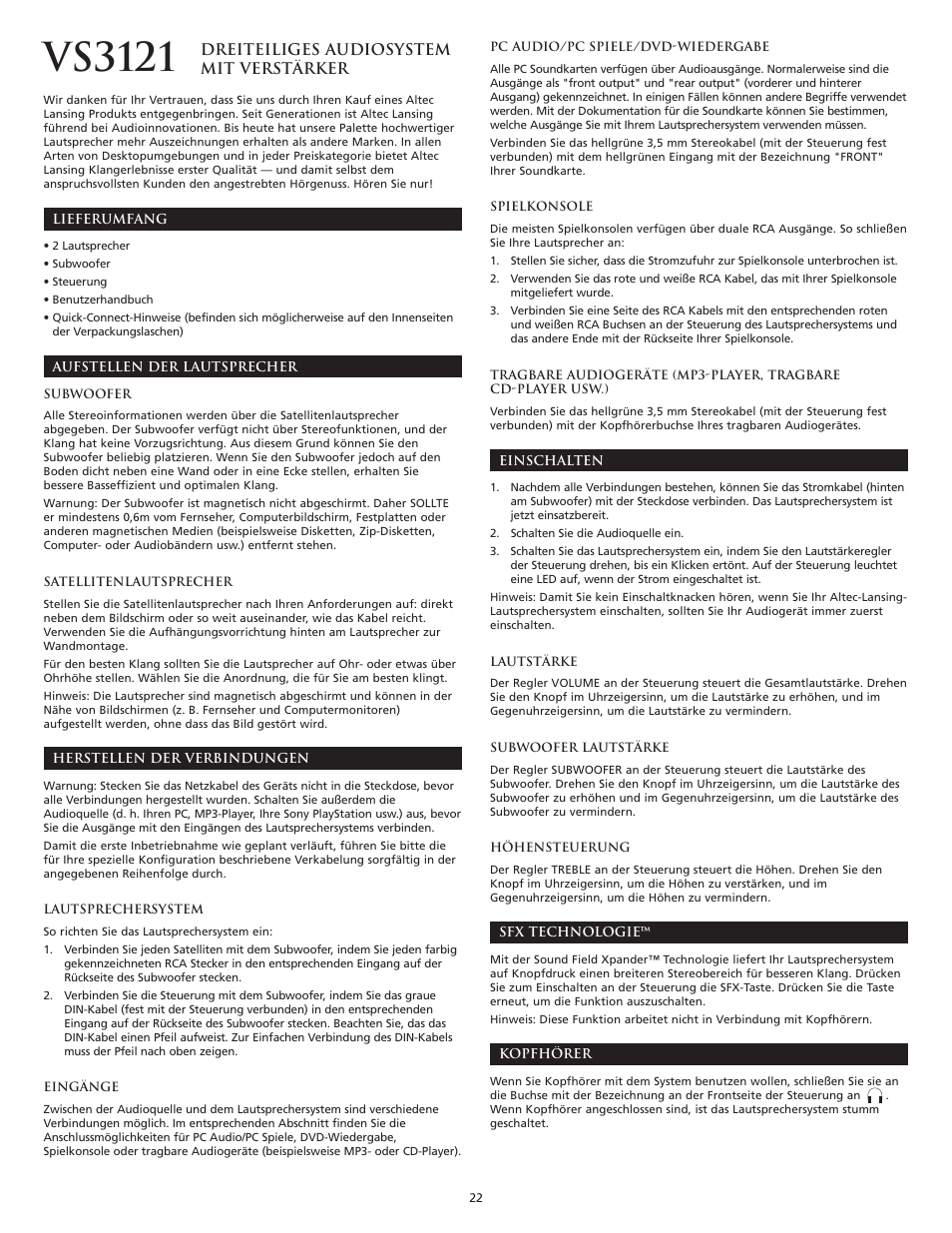 Vs3121 | Altec Lansing VS3121 User Manual | Page 24 / 44