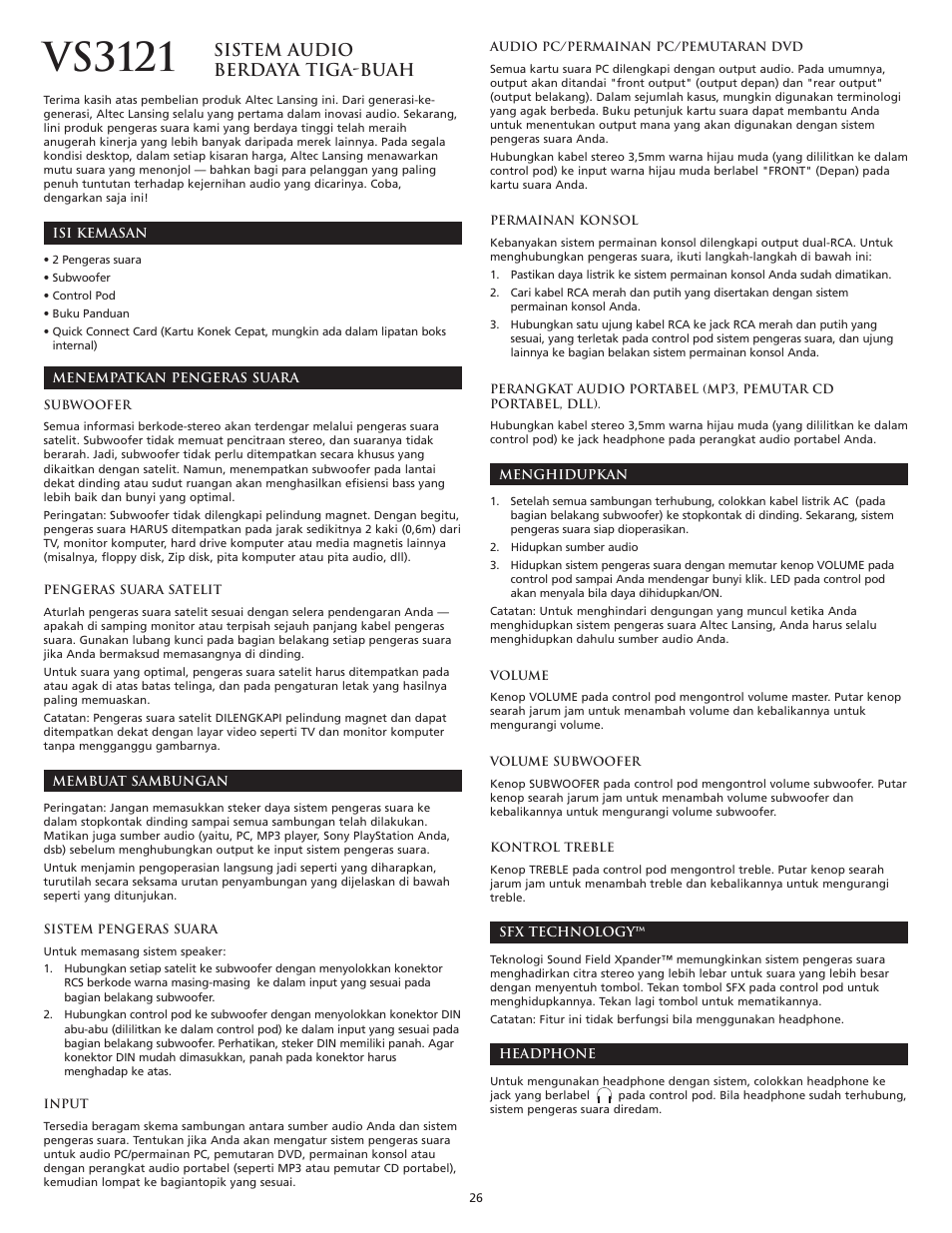 Vs3121, Sistem audio berdaya tiga-buah | Altec Lansing VS3121 User Manual | Page 28 / 44