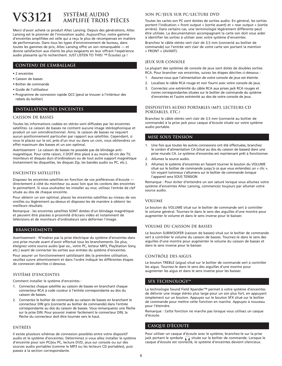 Vs3121, Système audio amplifié trois pièces | Altec Lansing VS3121 User Manual | Page 8 / 44