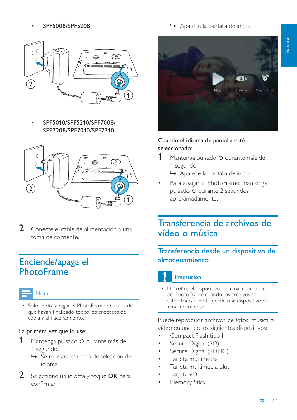 Transferencia de archivos de ytghrrp~vlfd, Enciende/apaga el photoframe | Philips Digital PhotoFrame con Bluetooth User Manual | Page 15 / 62