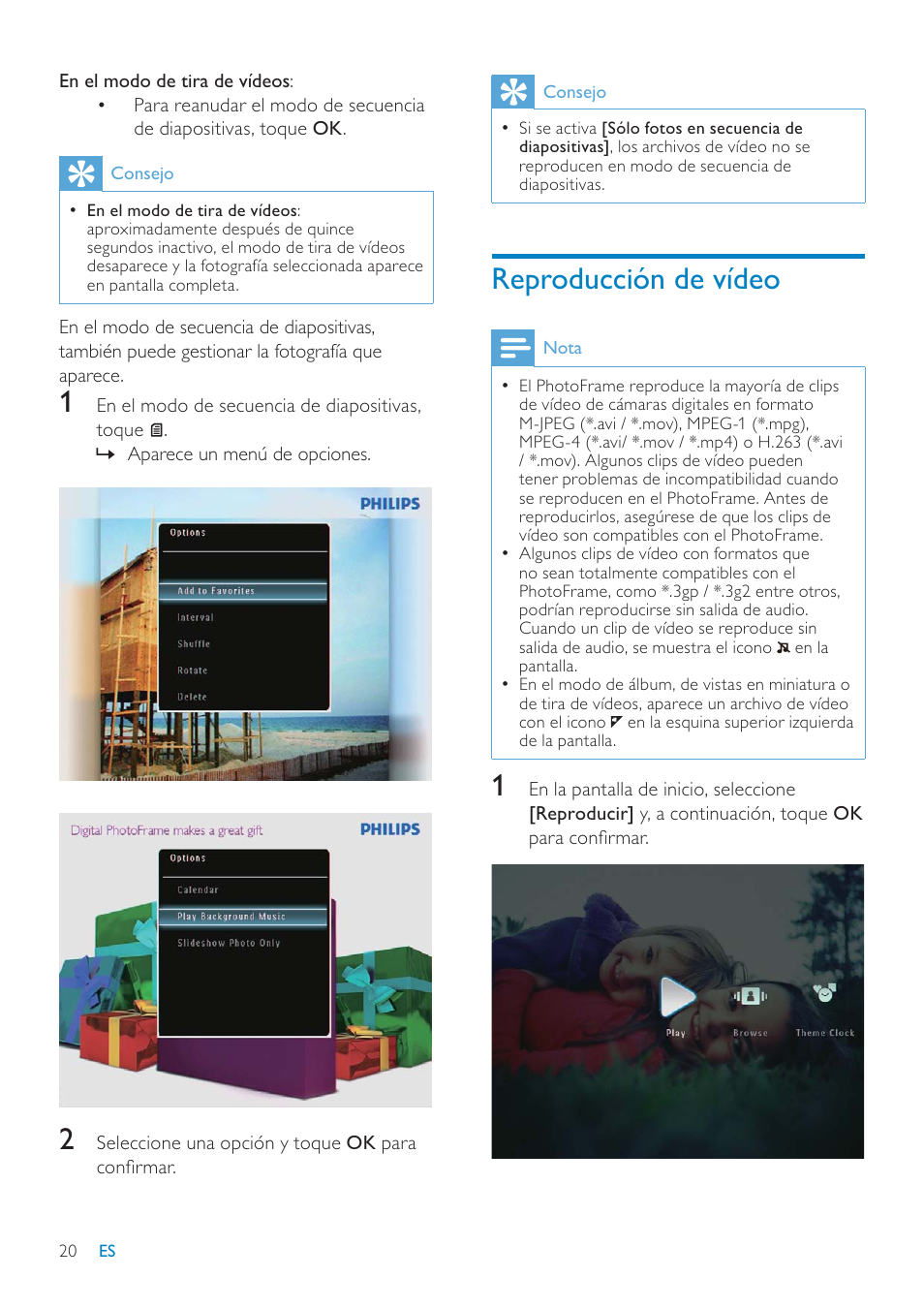 Reproducción de vídeo | Philips Digital PhotoFrame con Bluetooth User Manual | Page 20 / 62