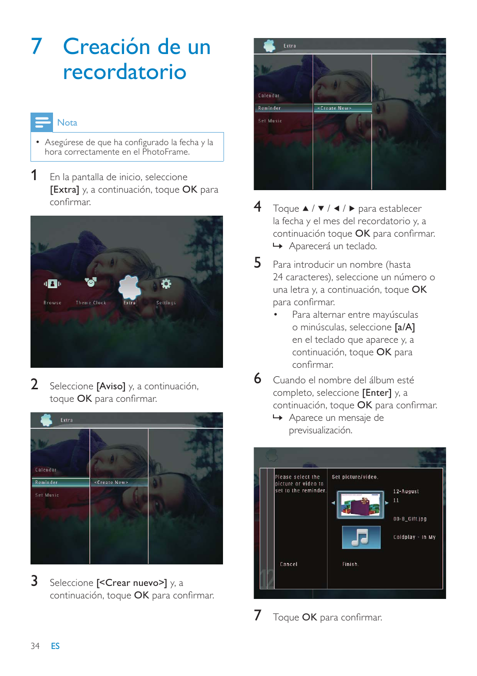7 creación de un recordatorio | Philips Digital PhotoFrame con Bluetooth User Manual | Page 34 / 62