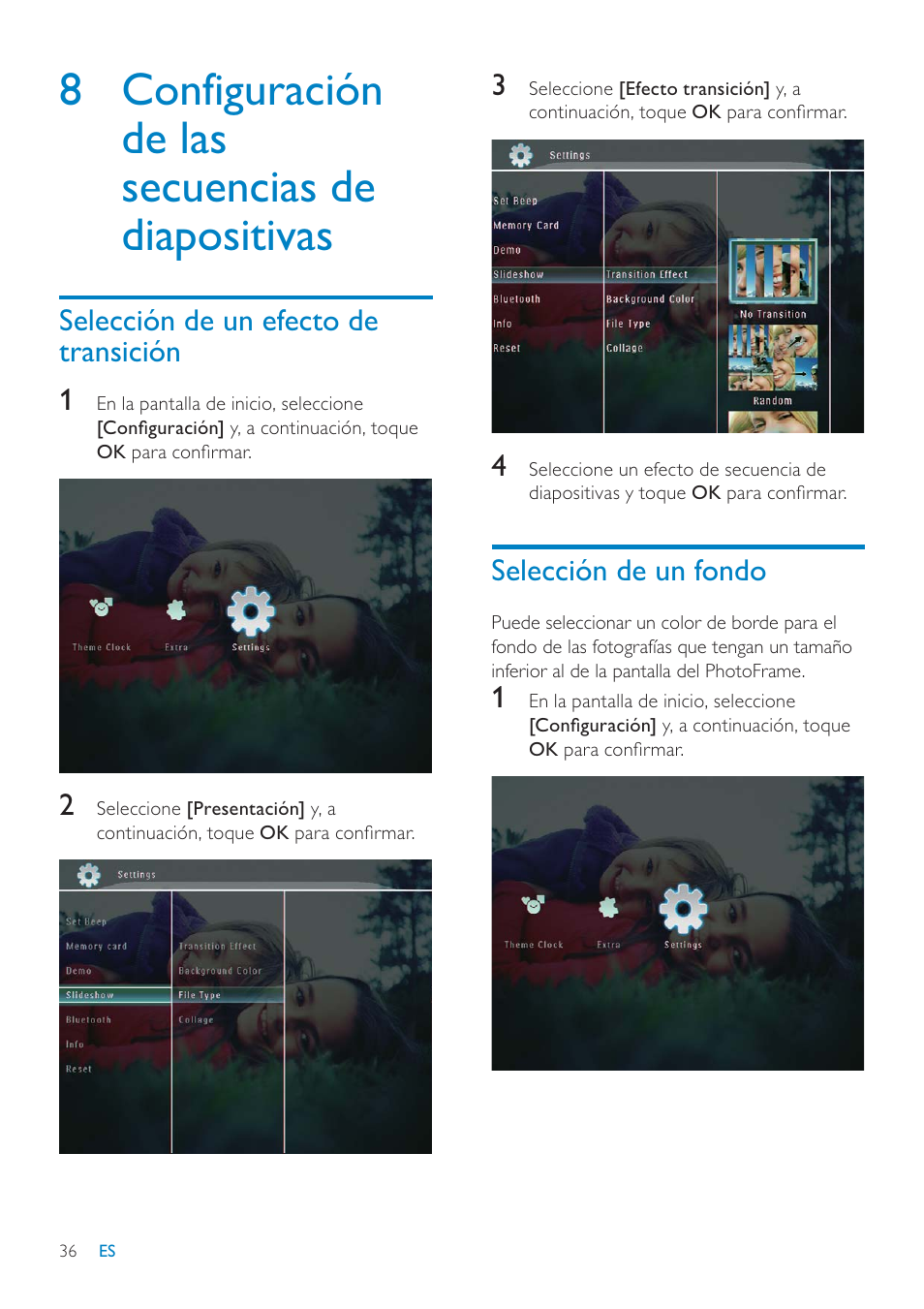 8 configuración de las secuencias de diapositivas, Selección de un fondo, Selección de un efecto de transición 1 | Philips Digital PhotoFrame con Bluetooth User Manual | Page 36 / 62