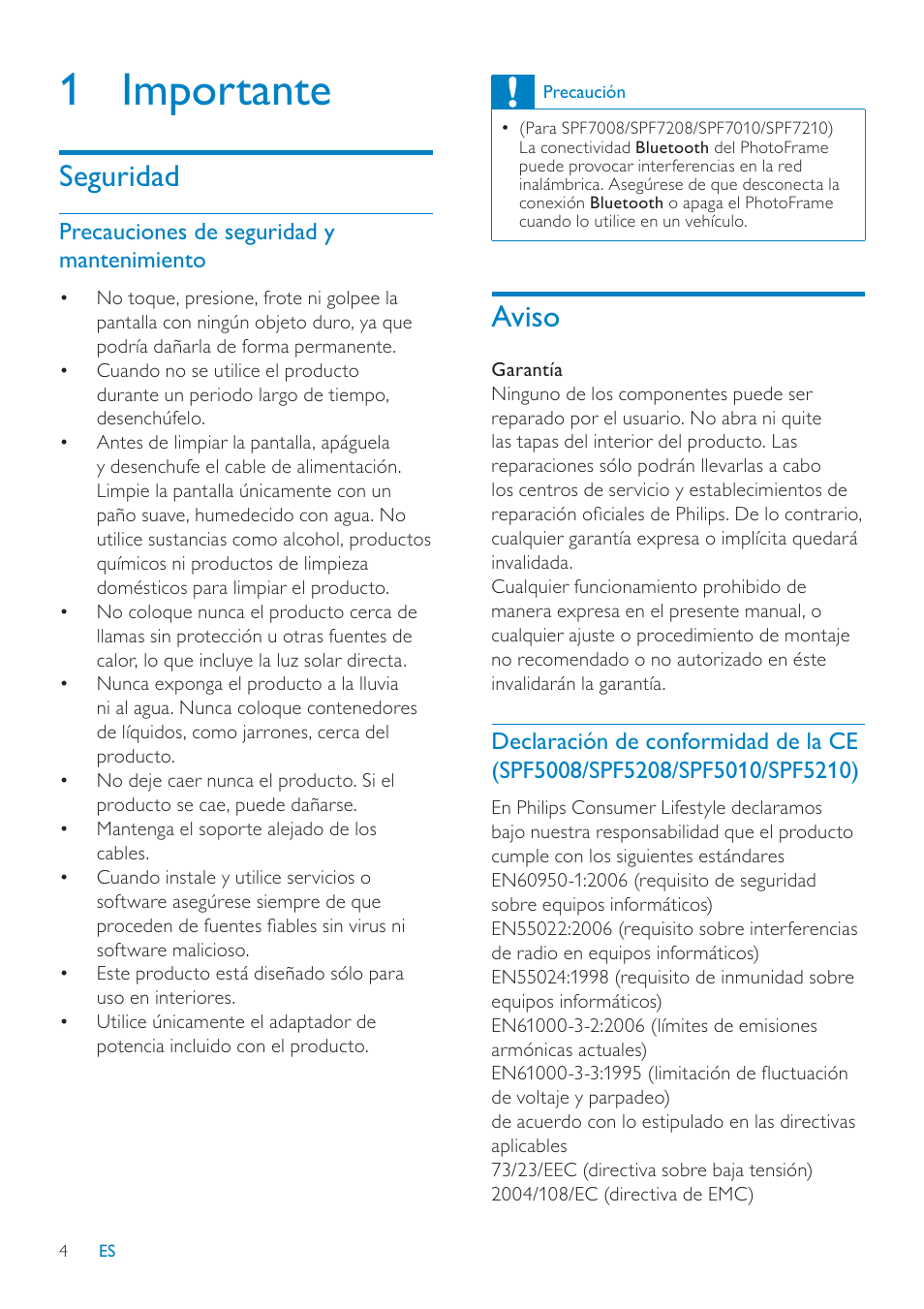 1 importante, Aviso, Seguridad | Philips Digital PhotoFrame con Bluetooth User Manual | Page 4 / 62