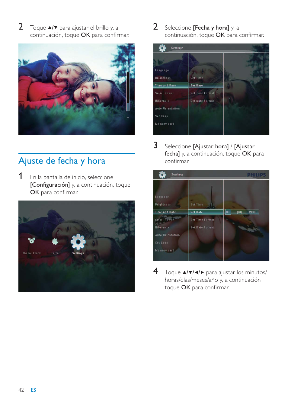 Ajuste de fecha y hora 1 | Philips Digital PhotoFrame con Bluetooth User Manual | Page 42 / 62