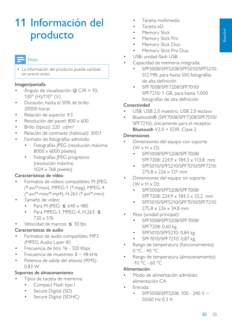 11 información del producto | Philips Digital PhotoFrame con Bluetooth User Manual | Page 55 / 62