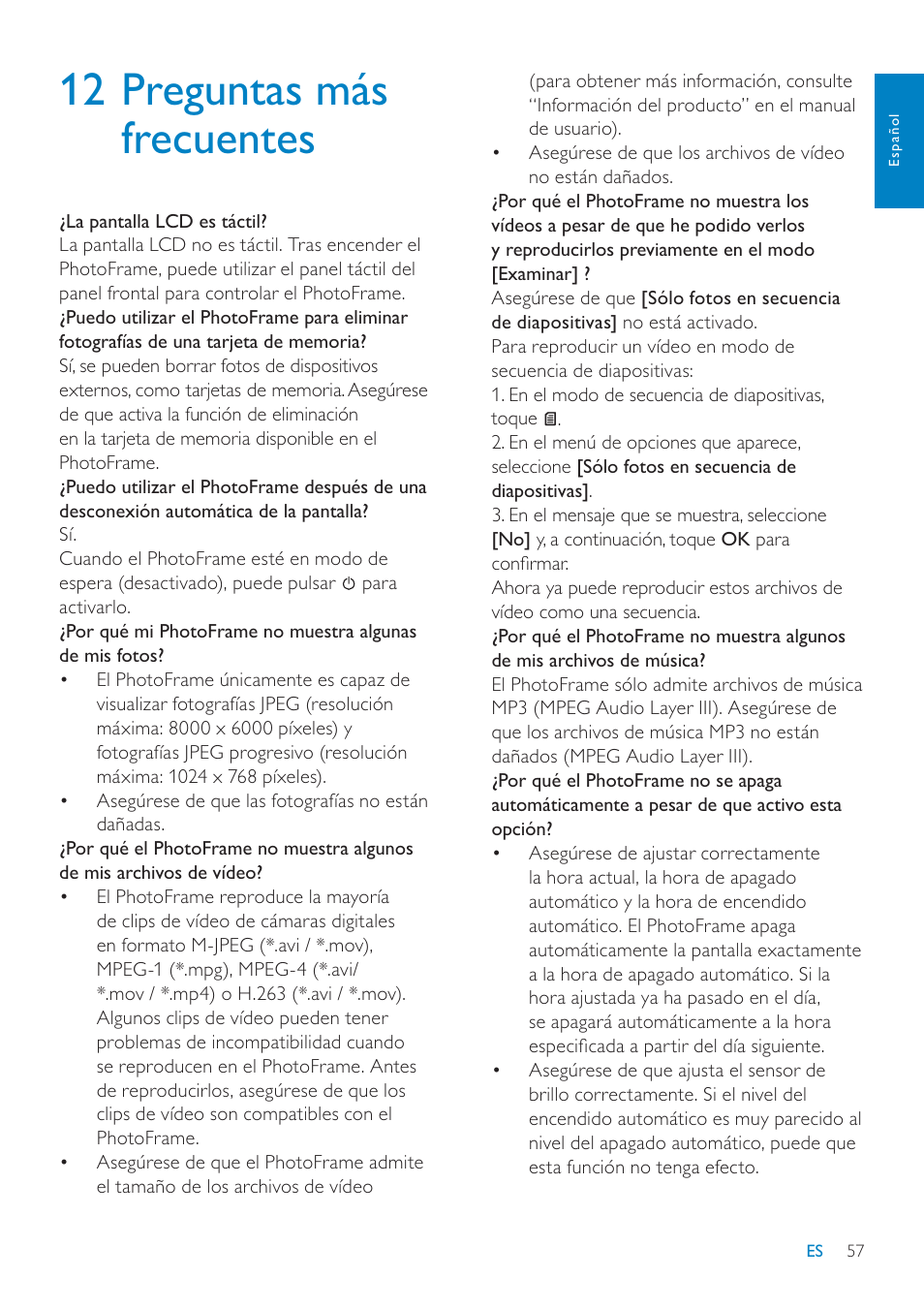 12 preguntas más frecuentes | Philips Digital PhotoFrame con Bluetooth User Manual | Page 57 / 62