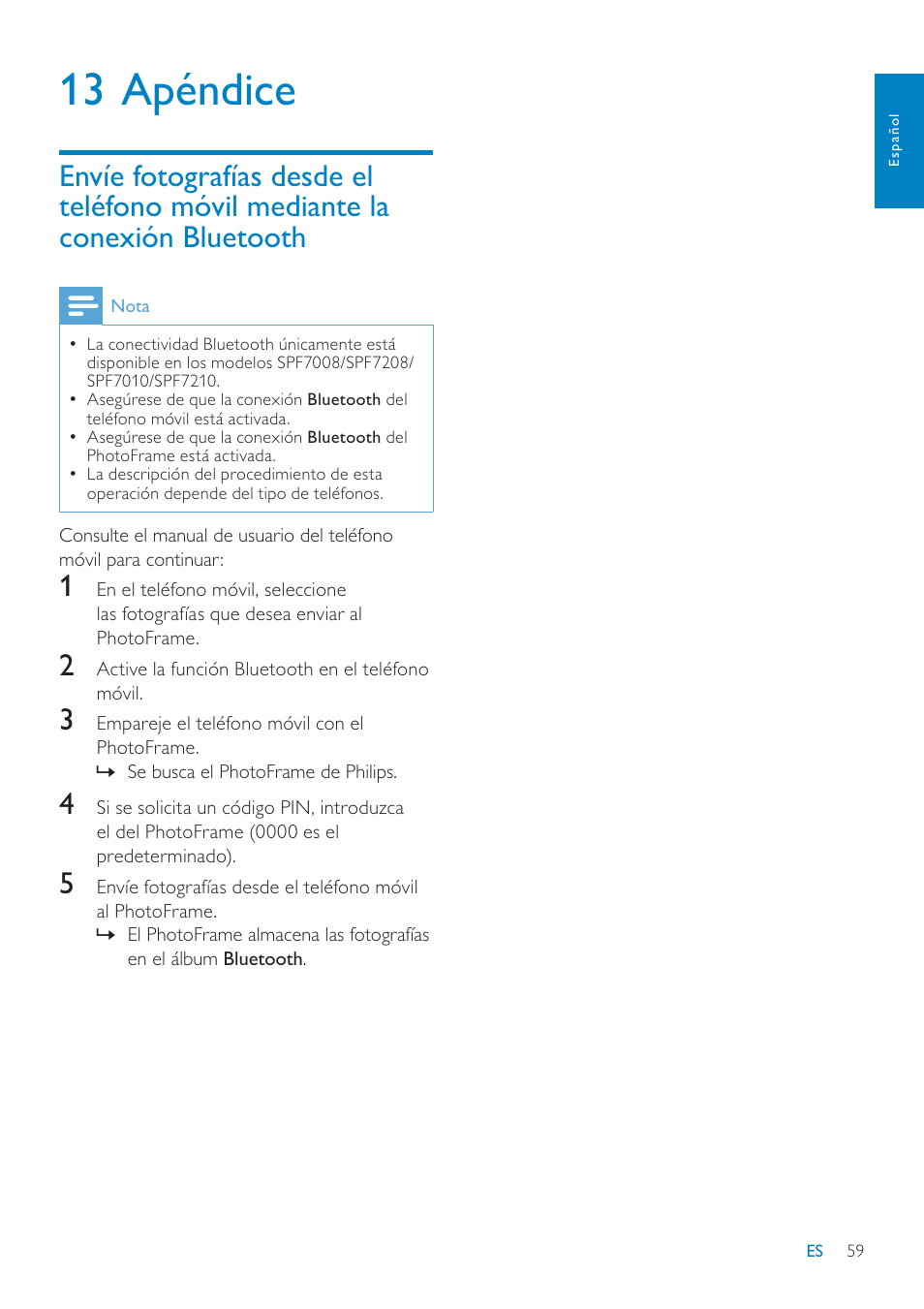 13 apéndice | Philips Digital PhotoFrame con Bluetooth User Manual | Page 59 / 62