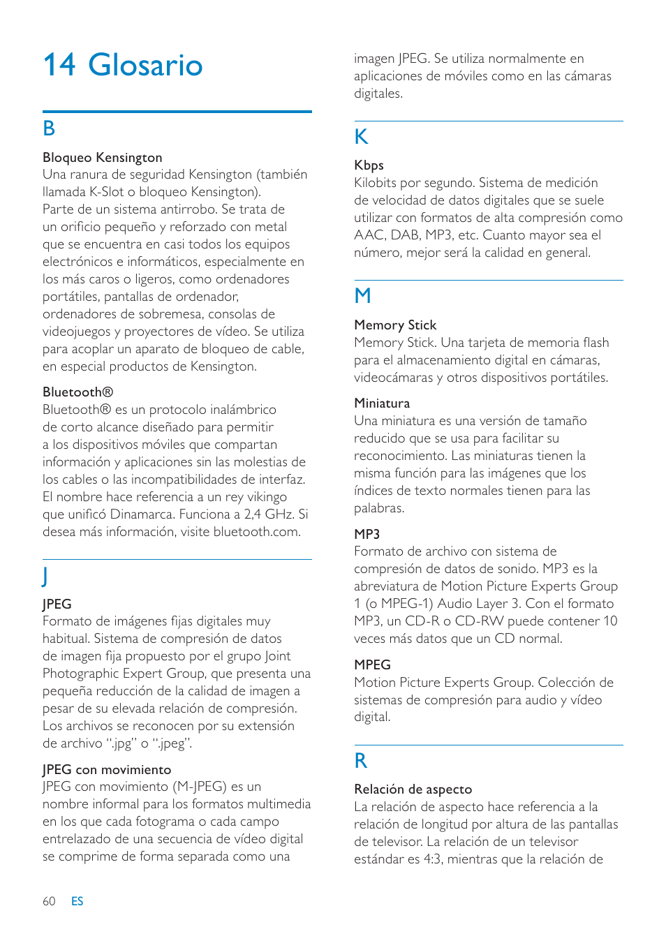 14 glosario | Philips Digital PhotoFrame con Bluetooth User Manual | Page 60 / 62