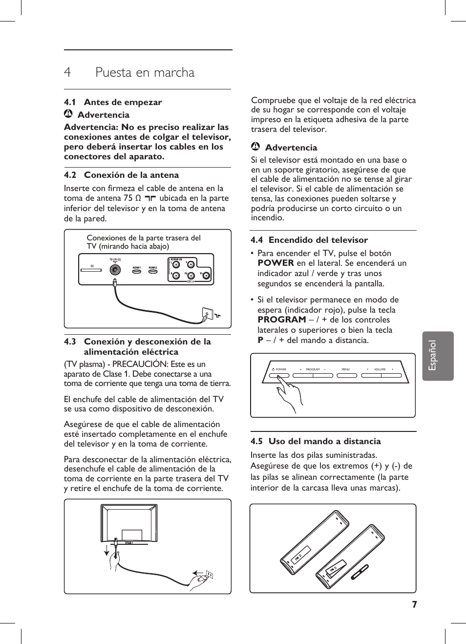 4 puesta en marcha | Philips Flat TV panorámico User Manual | Page 11 / 56