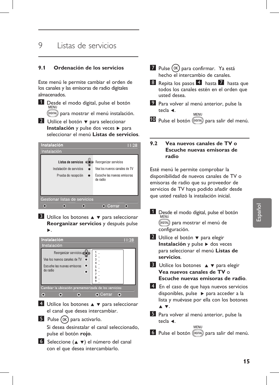 9 listas de servicios | Philips Flat TV panorámico User Manual | Page 19 / 56