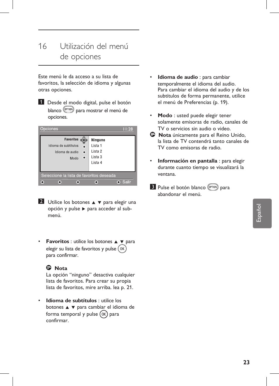 16 utilización del menú de opciones | Philips Flat TV panorámico User Manual | Page 27 / 56