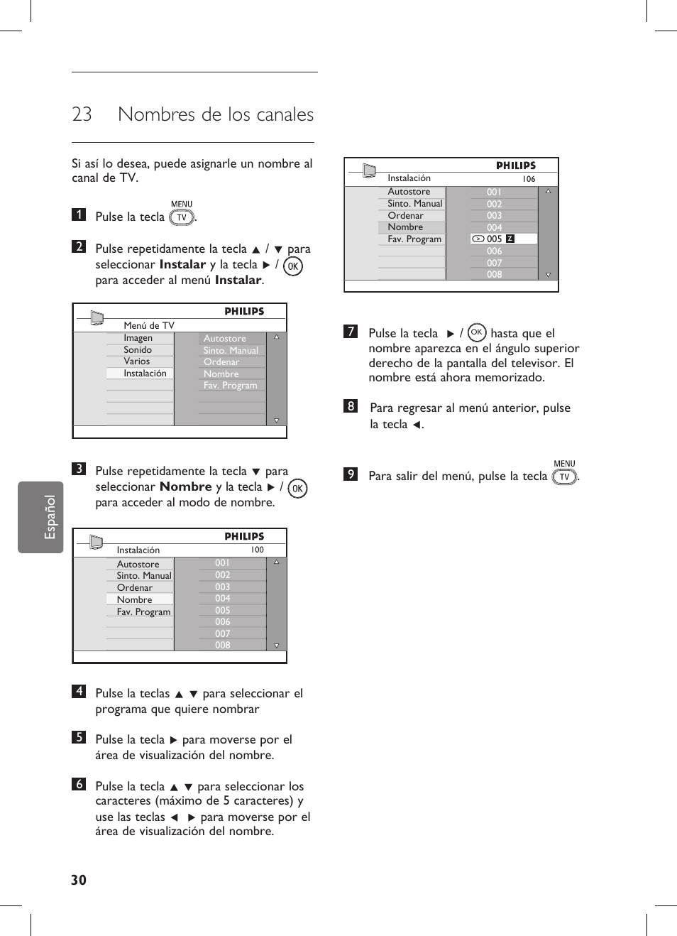 23 nombres de los canales | Philips Flat TV panorámico User Manual | Page 34 / 56