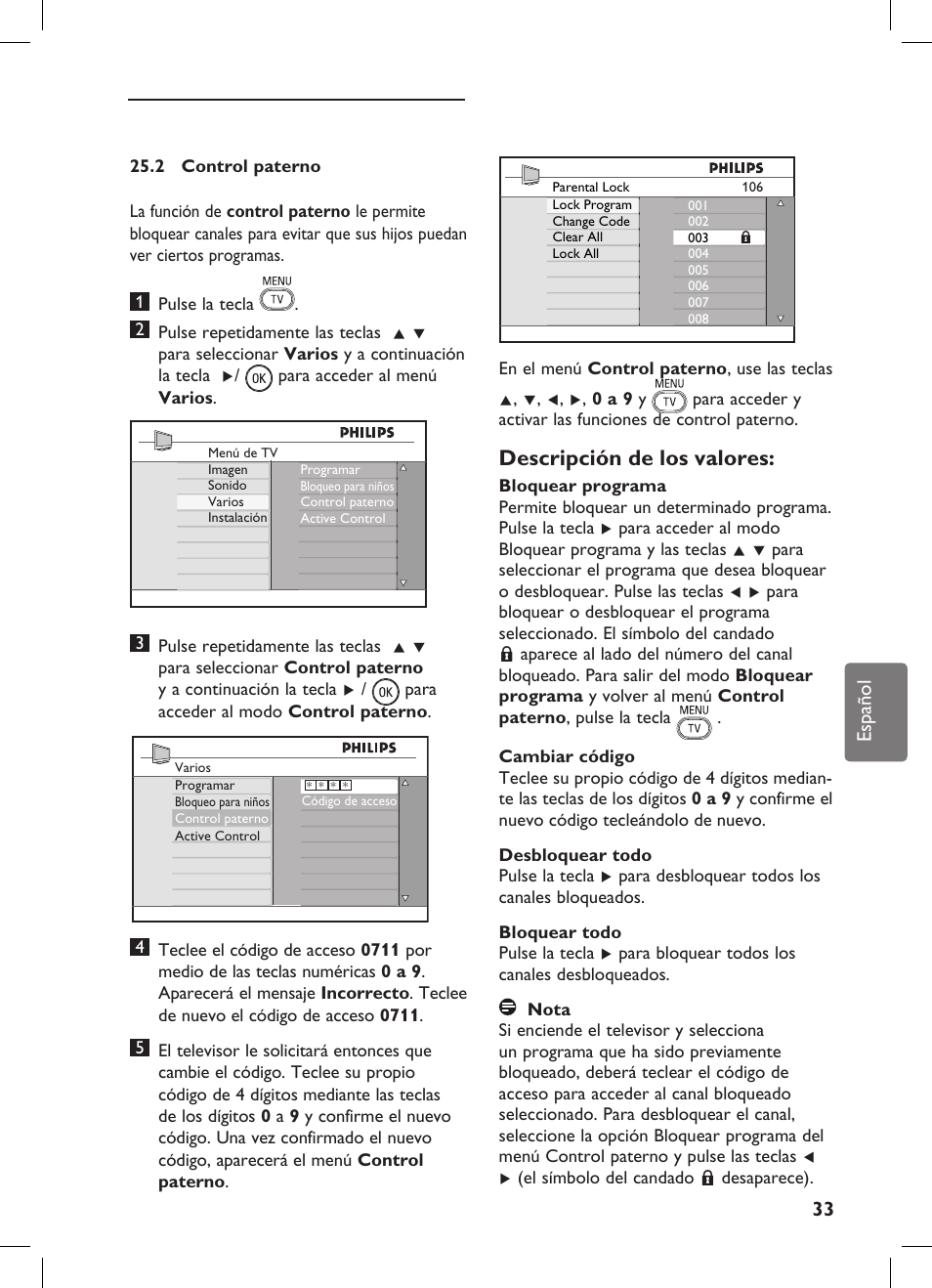 Descripción de los valores | Philips Flat TV panorámico User Manual | Page 37 / 56