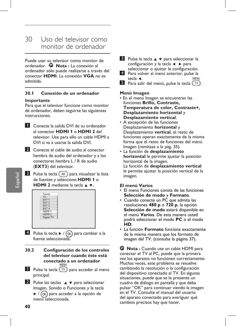 30 uso del televisor como monitor de ordenador | Philips Flat TV panorámico User Manual | Page 44 / 56