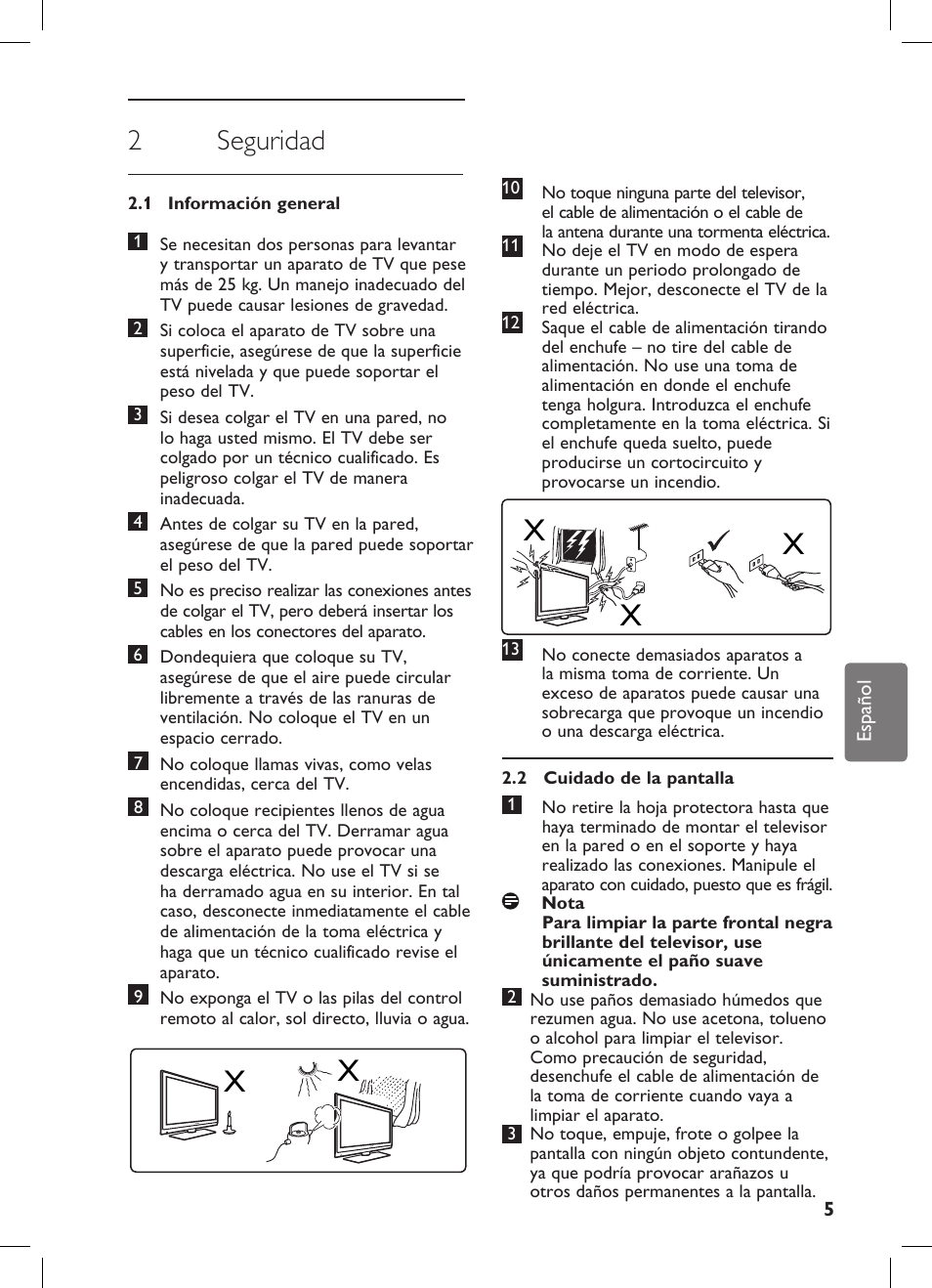 2 seguridad | Philips Flat TV panorámico User Manual | Page 9 / 56