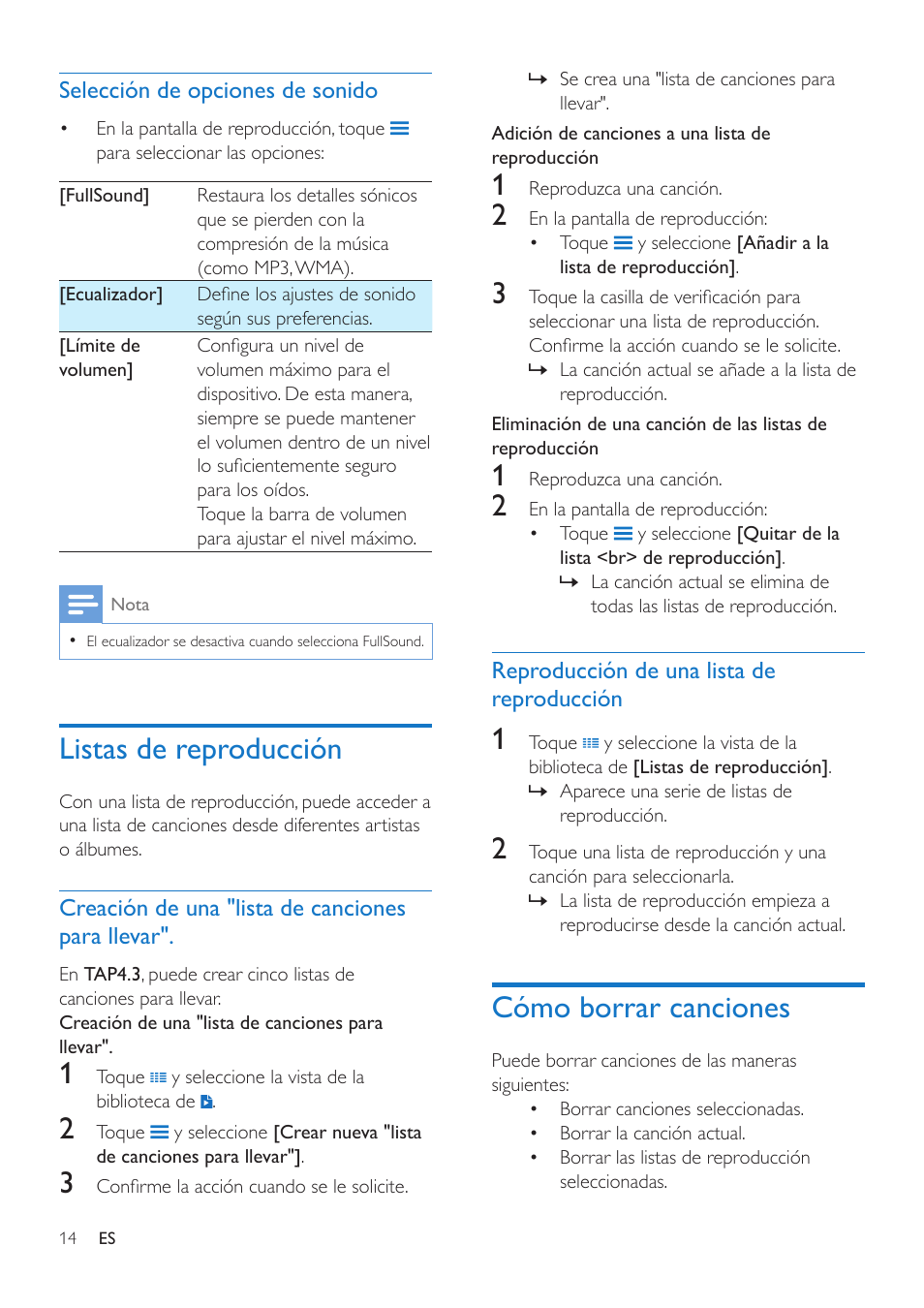 Selección de opciones de sonido, Listas de reproducción, Creación de una "lista de canciones para llevar | Reproducción de una lista de reproducción, Cómo borrar canciones, Creación de una "lista de, Canciones para llevar, Reproducción de una lista de, Reproducción 14 | Philips GoGEAR Reproductor de vídeo y MP3 User Manual | Page 16 / 38