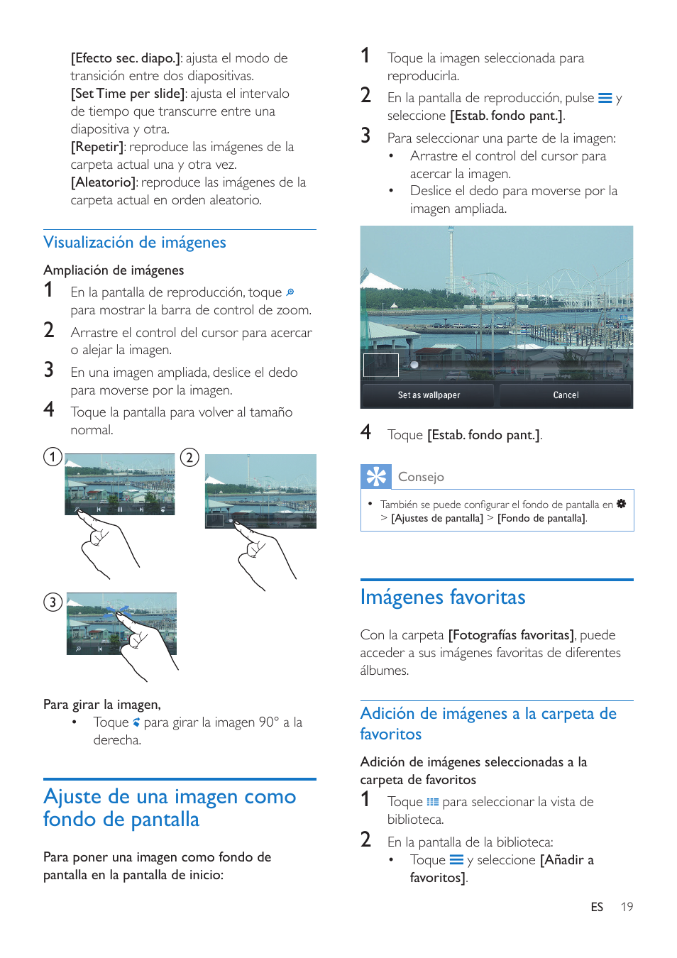 Visualización de imágenes, Ajuste de una imagen como fondo de pantalla, Imágenes favoritas | Adición de imágenes a la carpeta de favoritos, Ajuste de una imagen como fondo de, Pantalla 19, Adición de imágenes a la carpeta, De favoritos | Philips GoGEAR Reproductor de vídeo y MP3 User Manual | Page 21 / 38