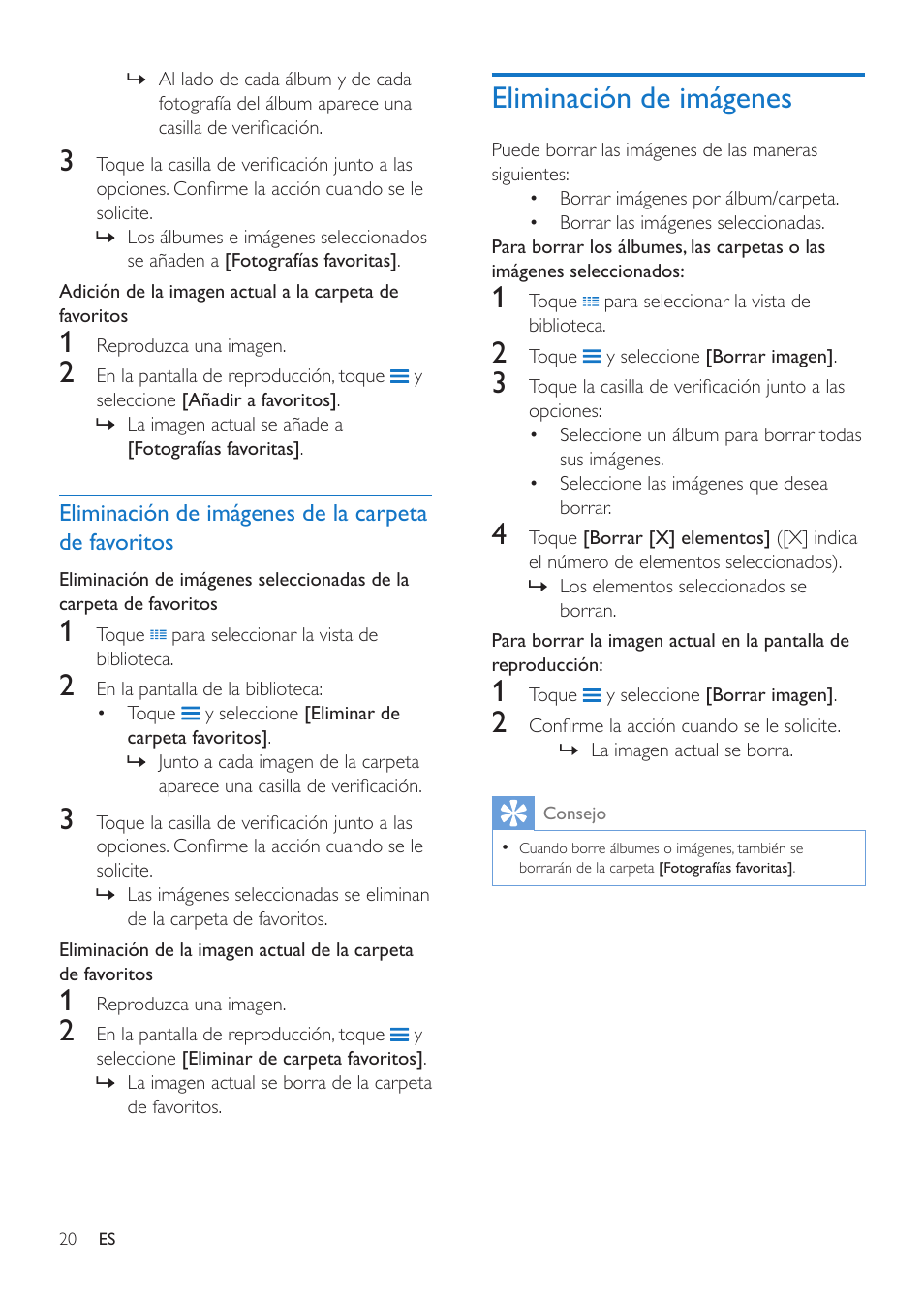 Eliminación de imágenes de la carpeta de favoritos, Eliminación de imágenes, Eliminación de imágenes de la | Carpeta de favoritos | Philips GoGEAR Reproductor de vídeo y MP3 User Manual | Page 22 / 38