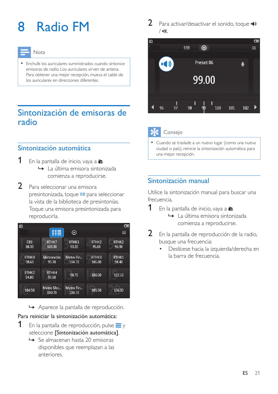 8 radio fm, Sintonización de emisoras de radio, Sintonización automática | Sintonización manual | Philips GoGEAR Reproductor de vídeo y MP3 User Manual | Page 23 / 38