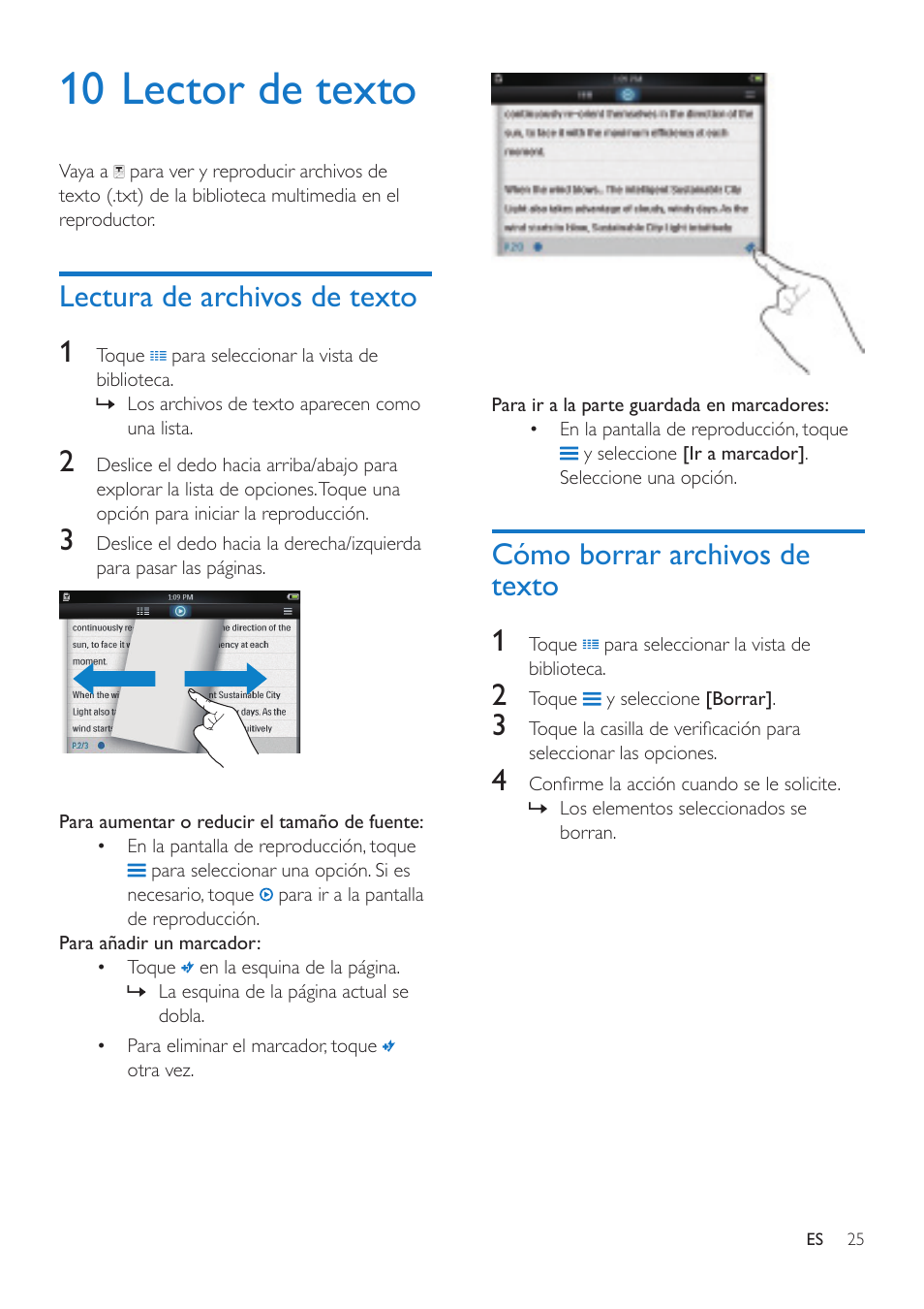 10 lector de texto, Lectura de archivos de texto, Cómo borrar archivos de texto | Philips GoGEAR Reproductor de vídeo y MP3 User Manual | Page 27 / 38