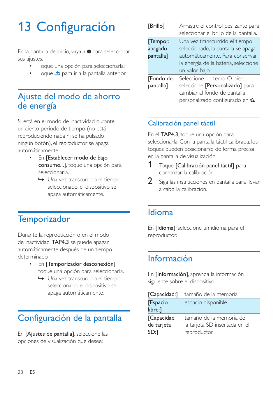 13 configuración, Ajuste del modo de ahorro de energía, Temporizador | Configuración de la pantalla, Calibración panel táctil, Idioma, Información, Ajuste del modo de ahorro de energía 28, Temporizador 28, Idioma 28 | Philips GoGEAR Reproductor de vídeo y MP3 User Manual | Page 30 / 38