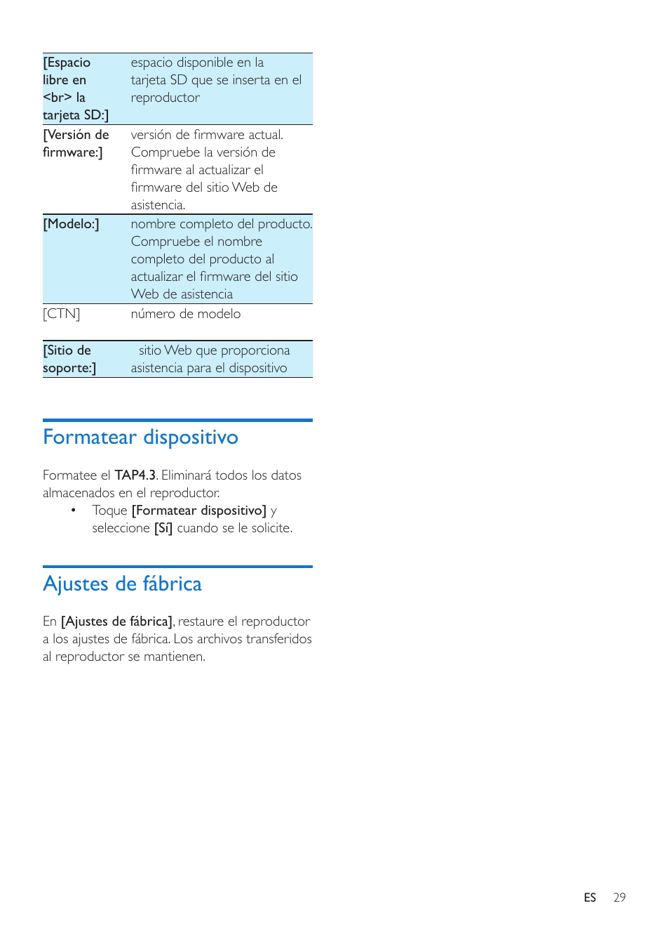 Formatear dispositivo, Ajustes de fábrica | Philips GoGEAR Reproductor de vídeo y MP3 User Manual | Page 31 / 38