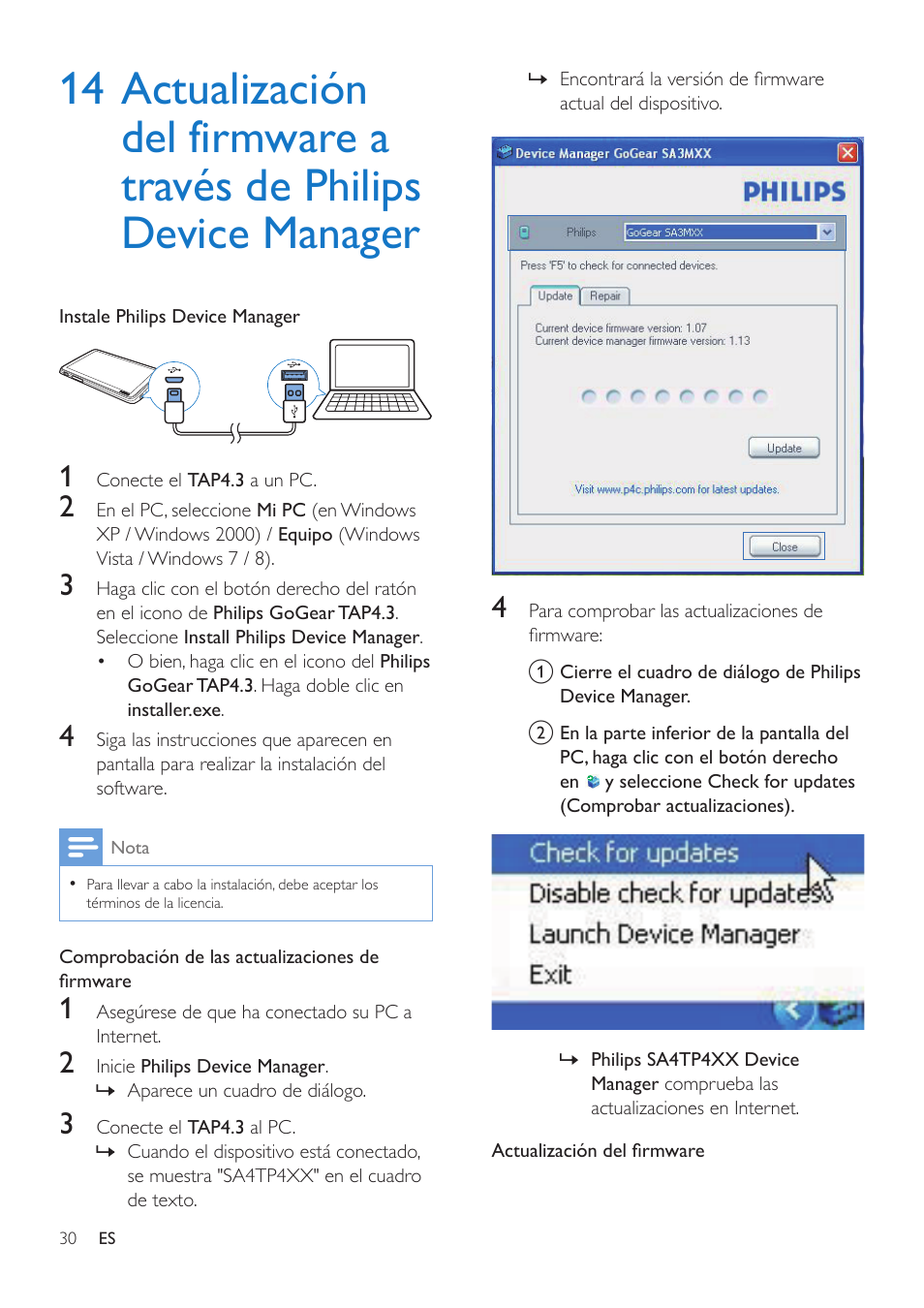 14 actualización del firmware a, Través de philips device manager | Philips GoGEAR Reproductor de vídeo y MP3 User Manual | Page 32 / 38