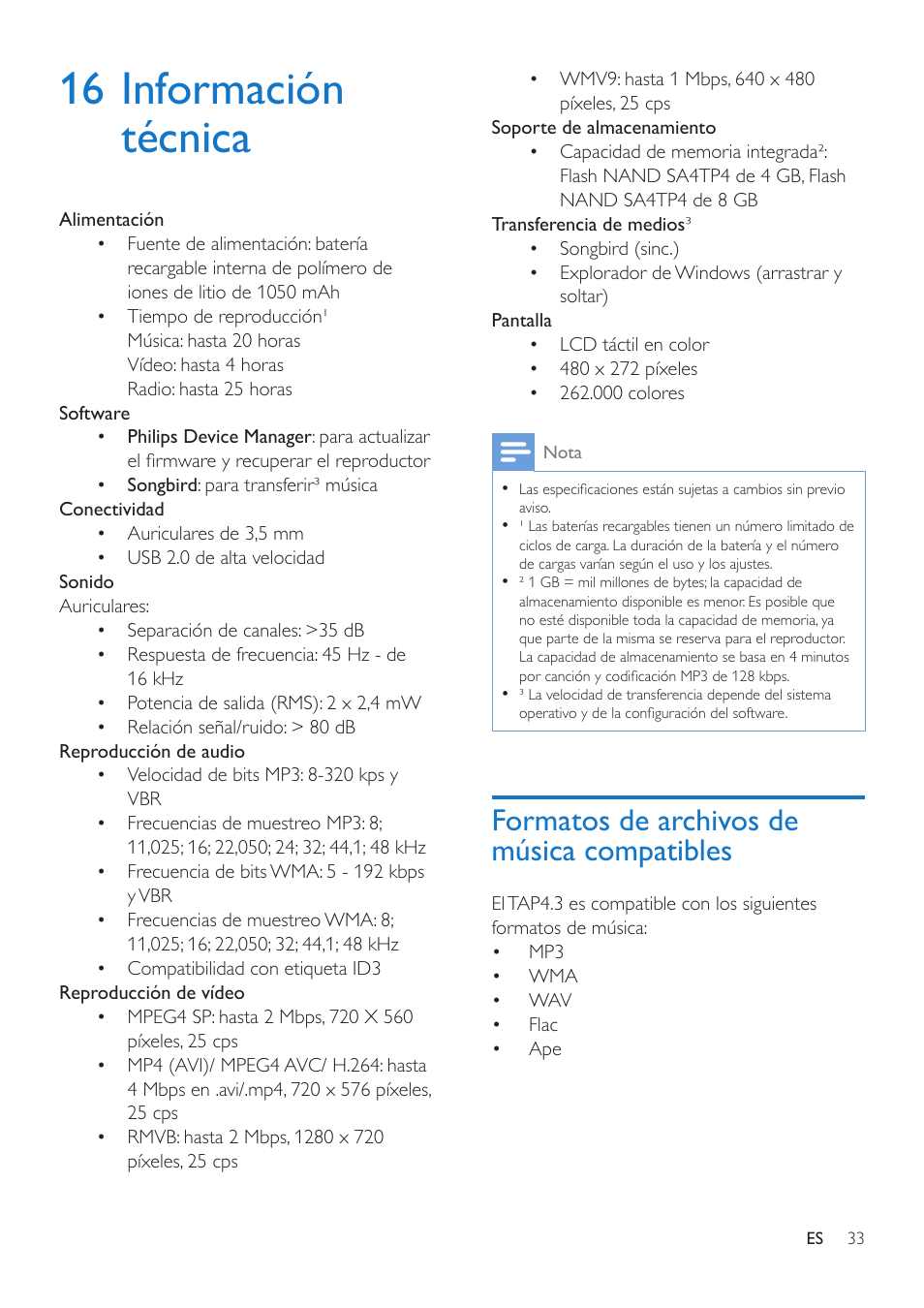 16 información técnica, Formatos de archivos de música compatibles, Formatos de archivos de música | Compatibles 33 | Philips GoGEAR Reproductor de vídeo y MP3 User Manual | Page 35 / 38