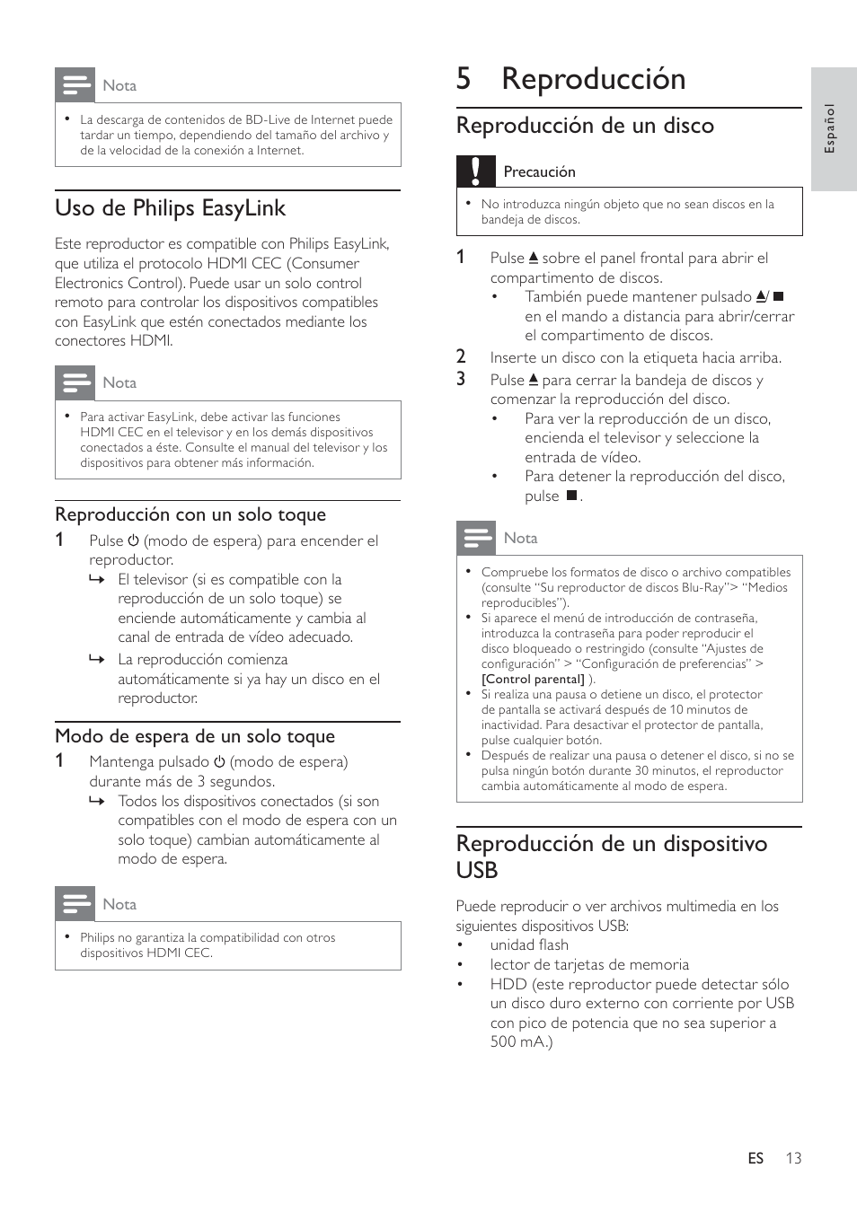 5 reproducción, Reproducción de un disco, Reproducción de un dispositivo usb | Uso de philips easylink, Reproducción con un solo toque 1, Modo de espera de un solo toque 1 | Philips Reproductor de Blu-ray Disc User Manual | Page 13 / 50