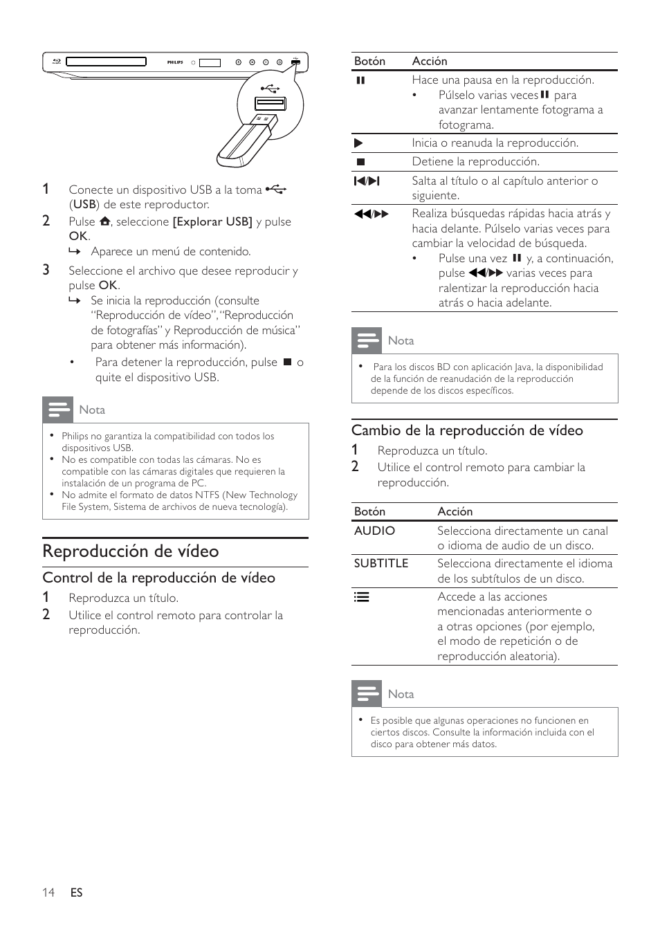 Reproducción de vídeo | Philips Reproductor de Blu-ray Disc User Manual | Page 14 / 50