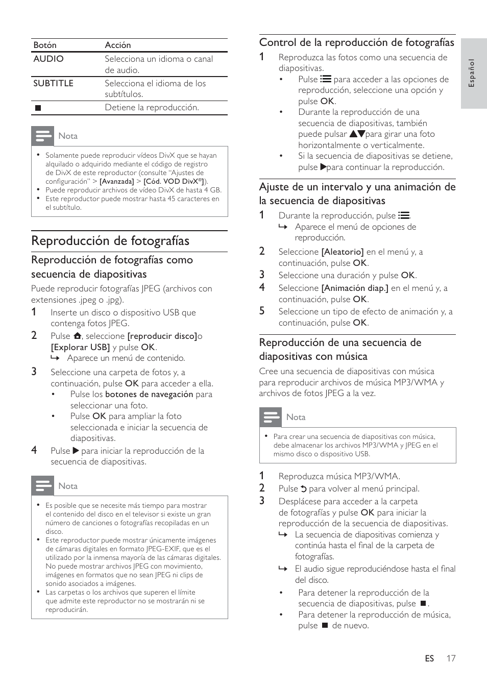 Reproducción de fotografías, Control de la reproducción de fotografías 1 | Philips Reproductor de Blu-ray Disc User Manual | Page 17 / 50