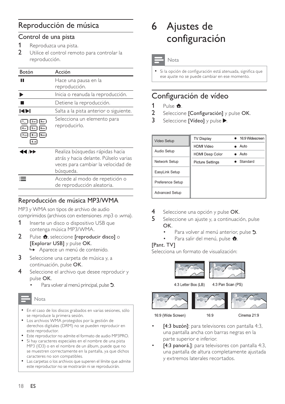 6 ajustes de configuración | Philips Reproductor de Blu-ray Disc User Manual | Page 18 / 50