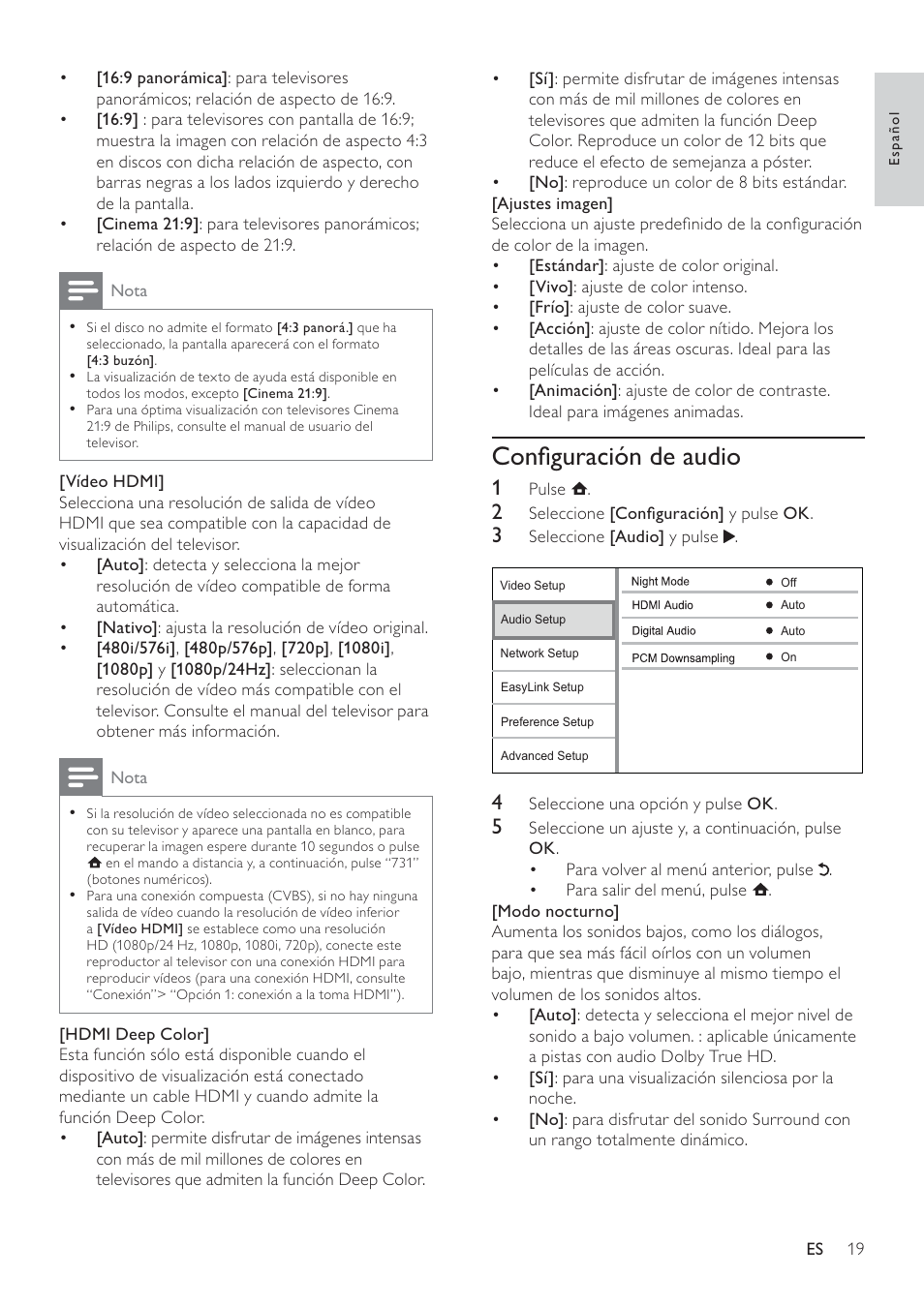 Conﬁguración de audio | Philips Reproductor de Blu-ray Disc User Manual | Page 19 / 50