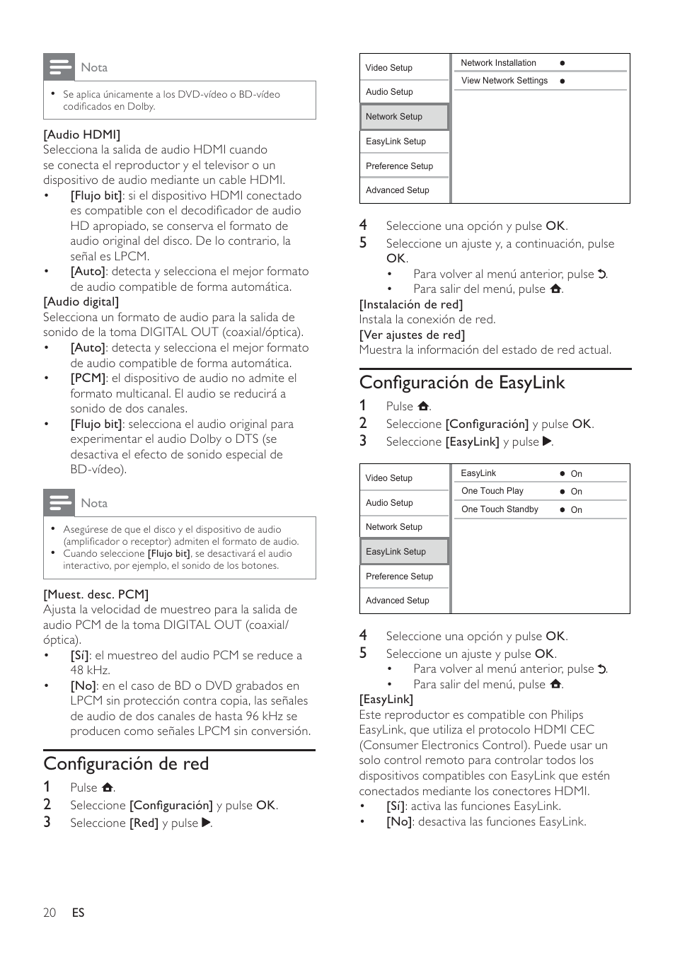 Conﬁguración de easylink, Conﬁguración de red | Philips Reproductor de Blu-ray Disc User Manual | Page 20 / 50