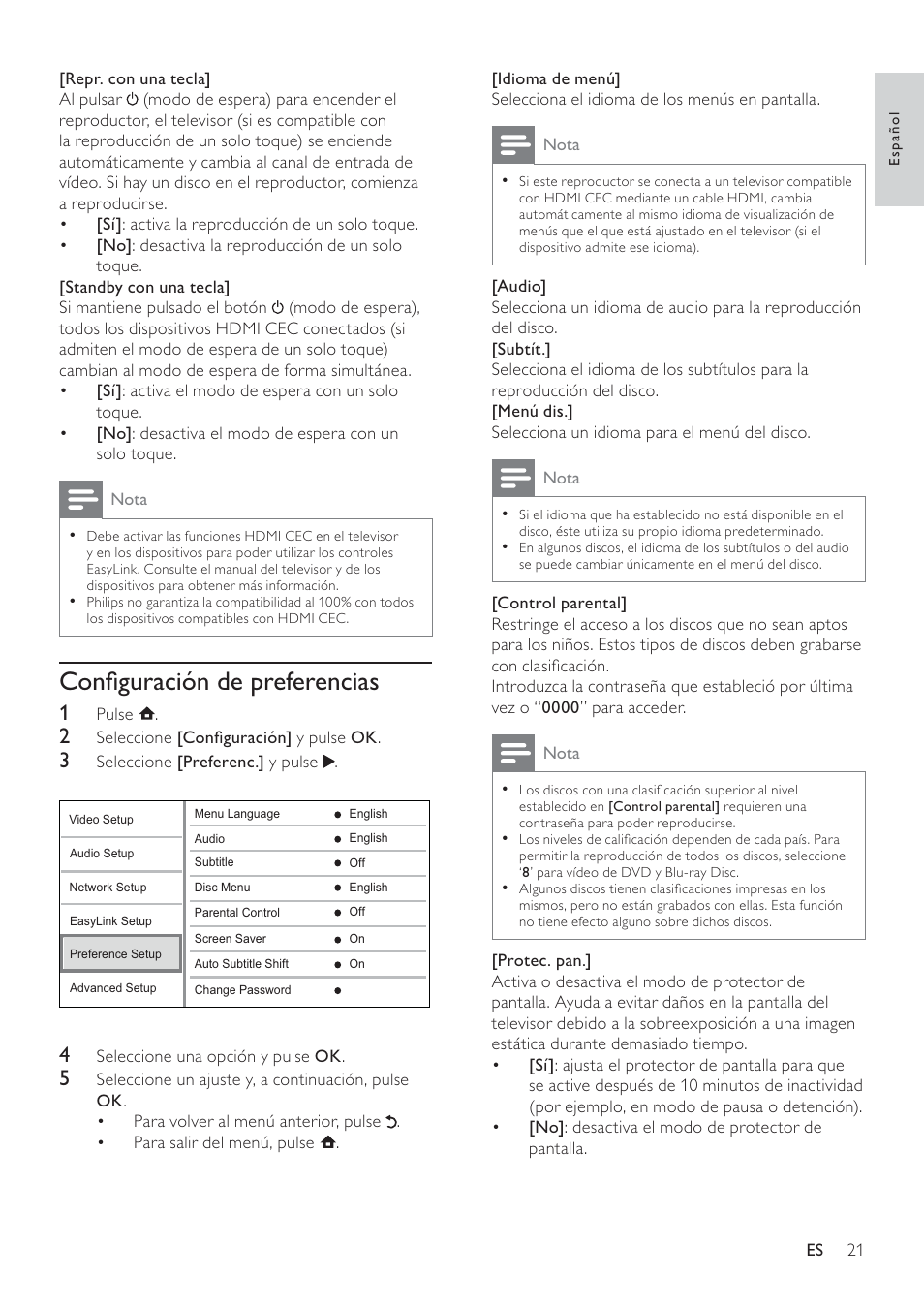 Conﬁguración de preferencias | Philips Reproductor de Blu-ray Disc User Manual | Page 21 / 50