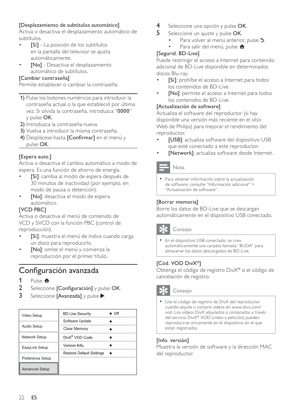 Conﬁguración avanzada | Philips Reproductor de Blu-ray Disc User Manual | Page 22 / 50