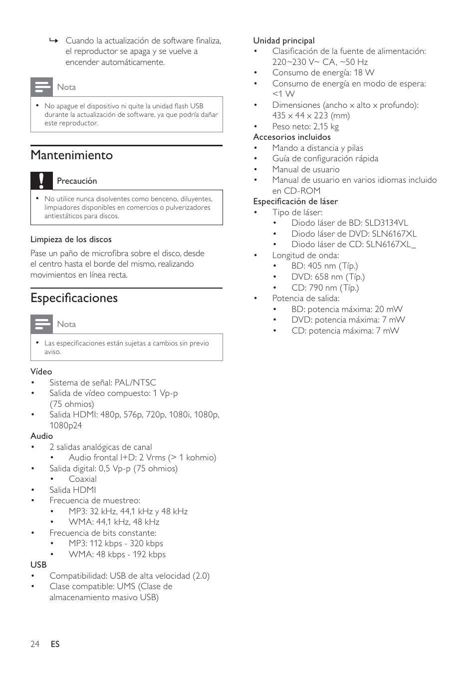 Mantenimiento, Especiﬁcaciones | Philips Reproductor de Blu-ray Disc User Manual | Page 24 / 50