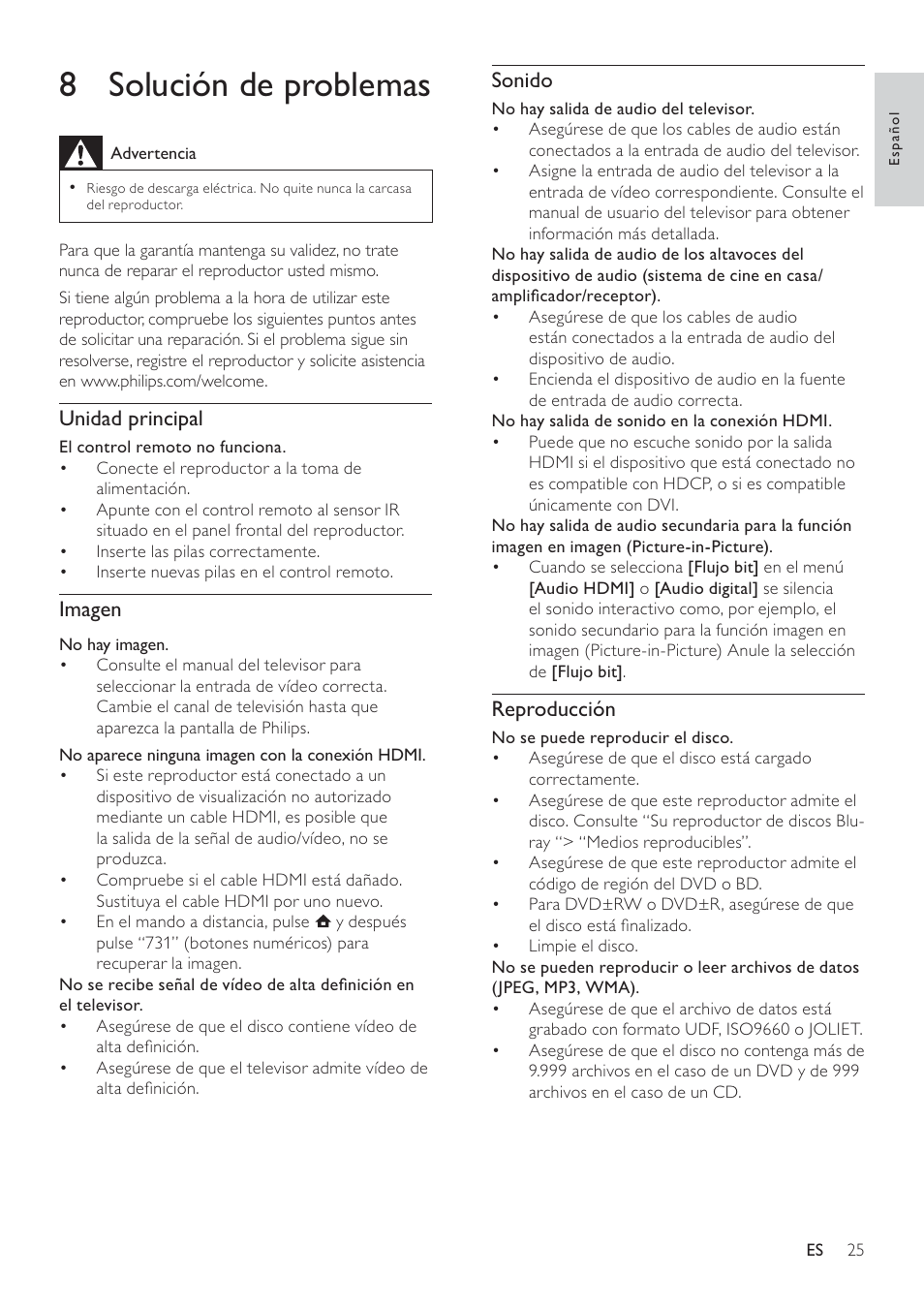 8 solución de problemas, Sonido, Reproducción | Unidad principal, Imagen | Philips Reproductor de Blu-ray Disc User Manual | Page 25 / 50