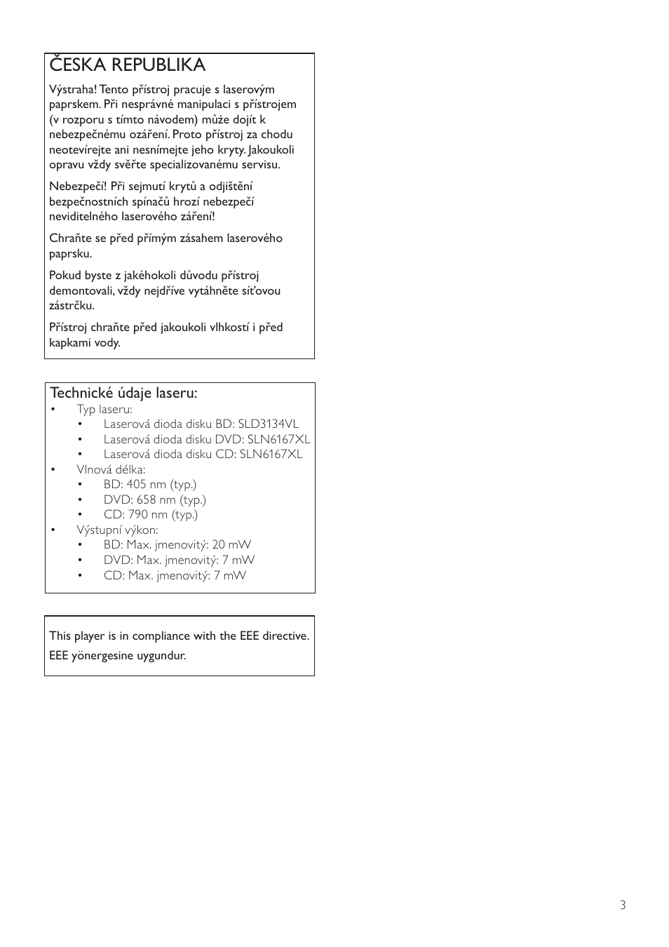 Česka republika, Technické údaje laseru | Philips Reproductor de Blu-ray Disc User Manual | Page 3 / 50