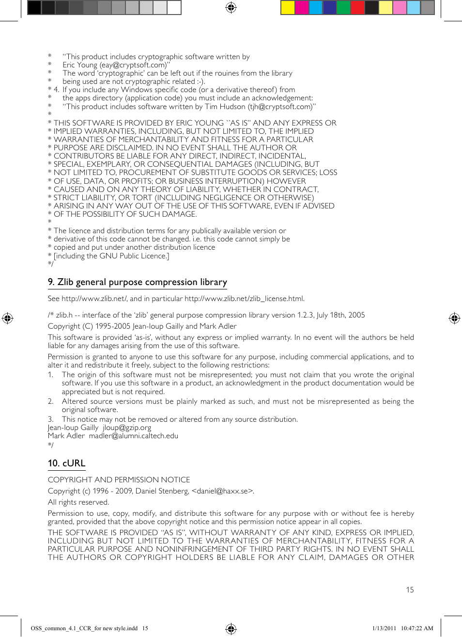 Zlib general purpose compression library, Curl | Philips Reproductor de Blu-ray Disc User Manual | Page 45 / 50