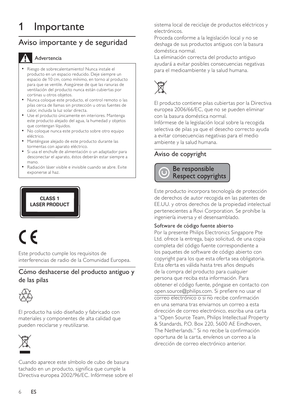 1 importante | Philips Reproductor de Blu-ray Disc User Manual | Page 6 / 50