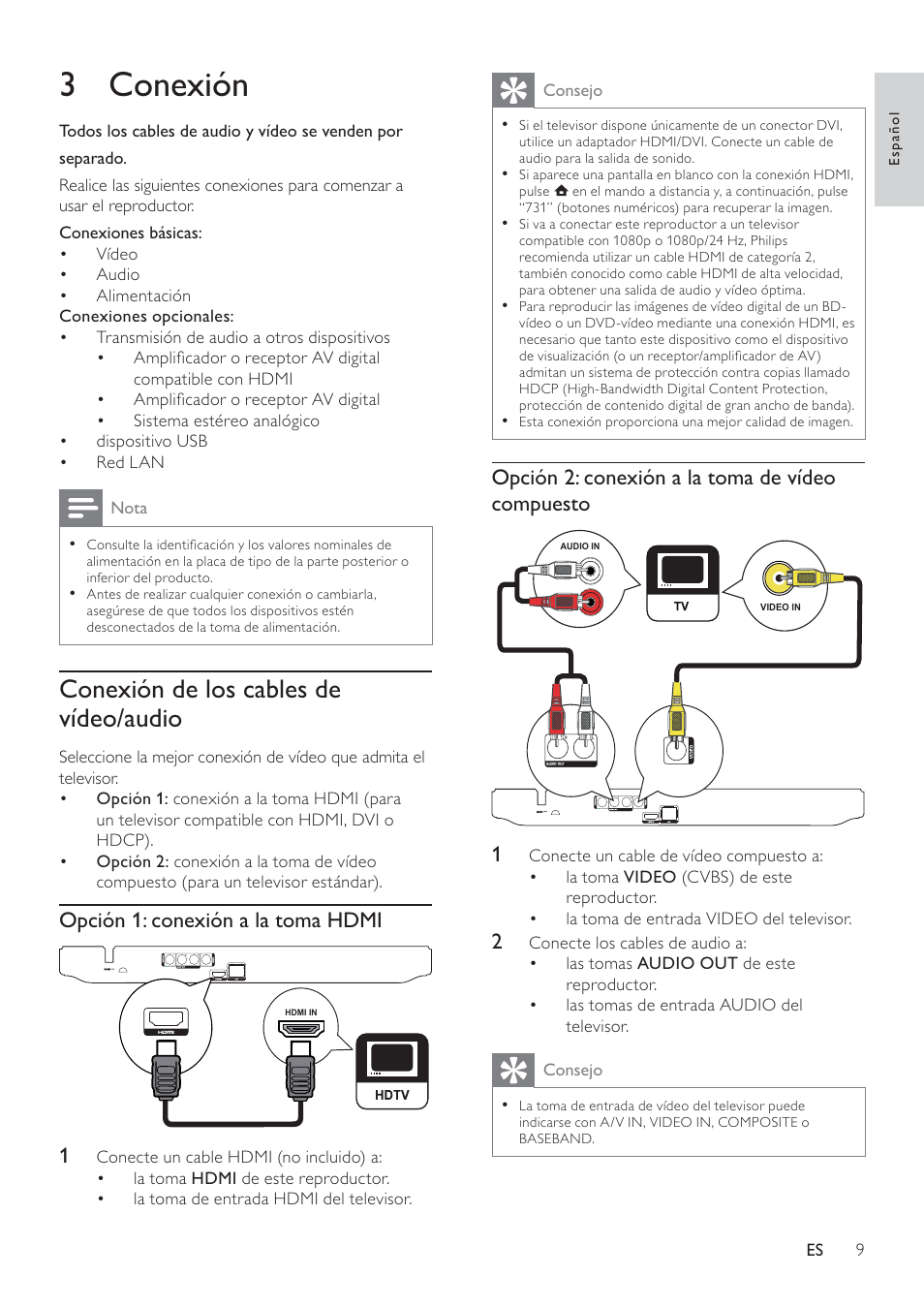 3 conexión | Philips Reproductor de Blu-ray Disc User Manual | Page 9 / 50