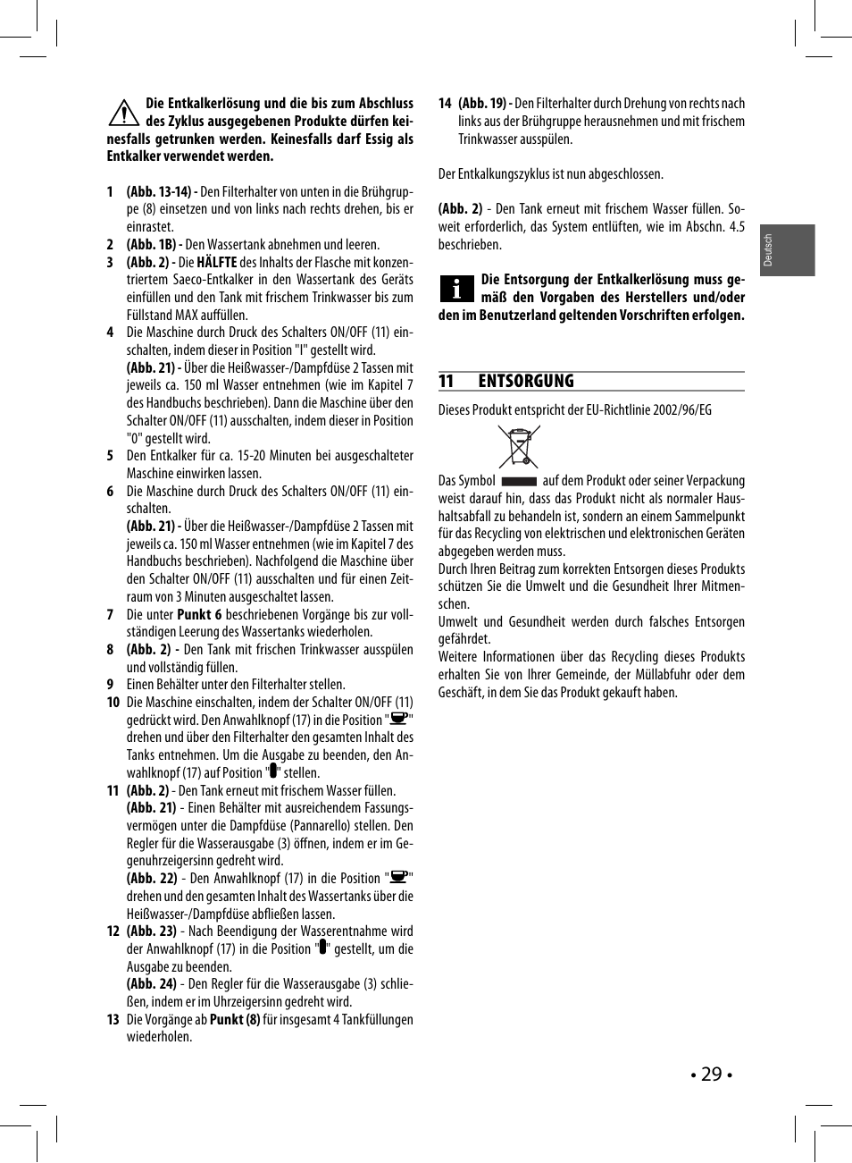 11 entsorgung | Philips Saeco Poemia Cafetera expreso manual User Manual | Page 29 / 104