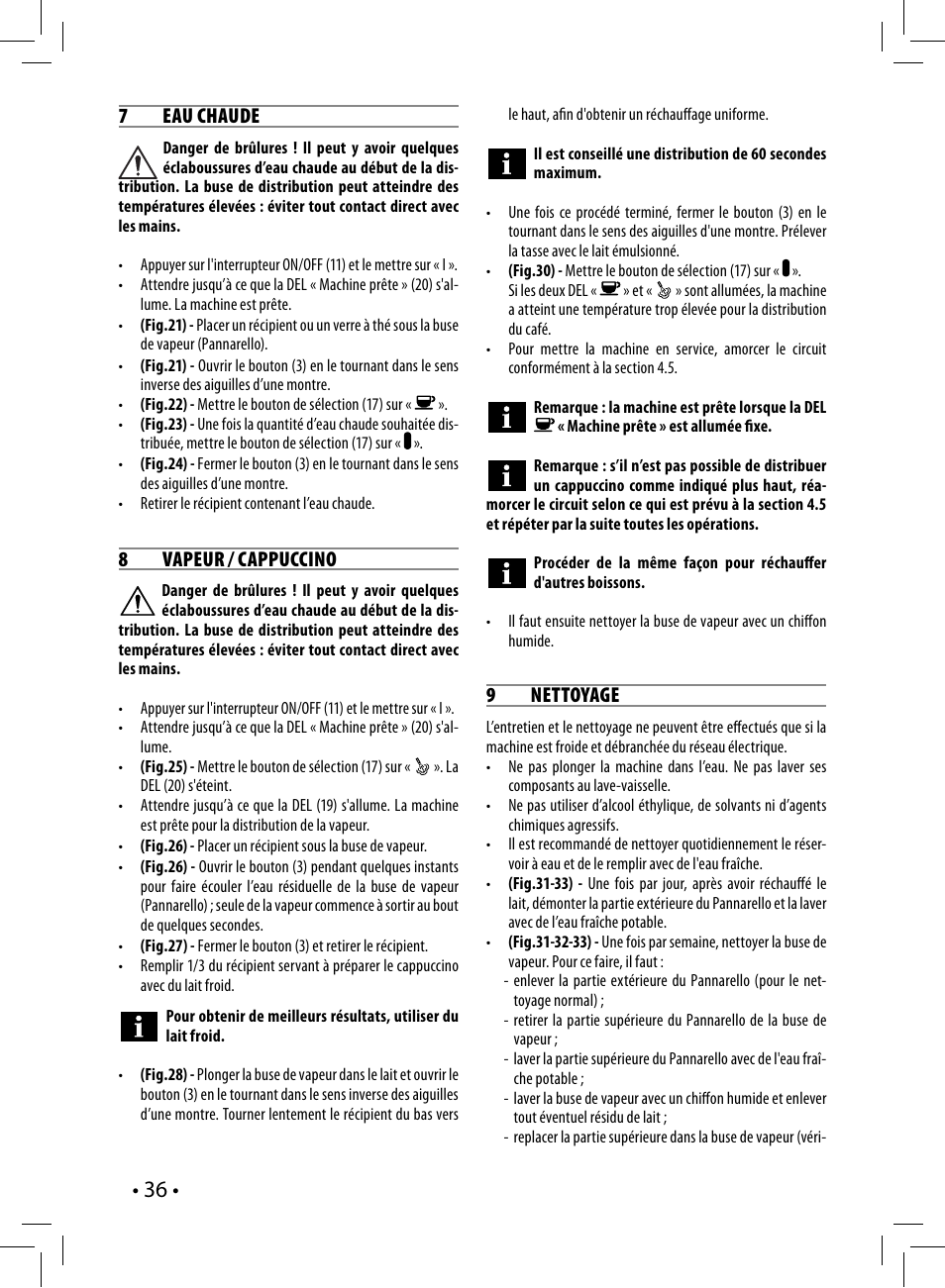 7 eau chaude, 8 vapeur / cappuccino, 9 nettoyage | Philips Saeco Poemia Cafetera expreso manual User Manual | Page 36 / 104