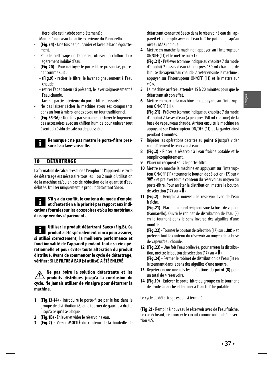 10 détartrage | Philips Saeco Poemia Cafetera expreso manual User Manual | Page 37 / 104