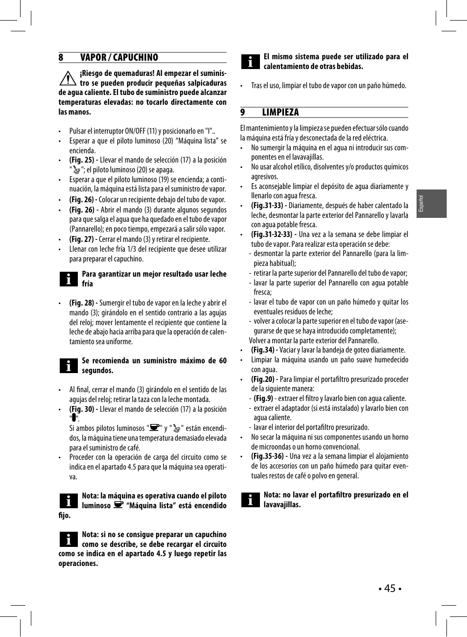 8 vapor / capuchino, 9 limpieza | Philips Saeco Poemia Cafetera expreso manual User Manual | Page 45 / 104